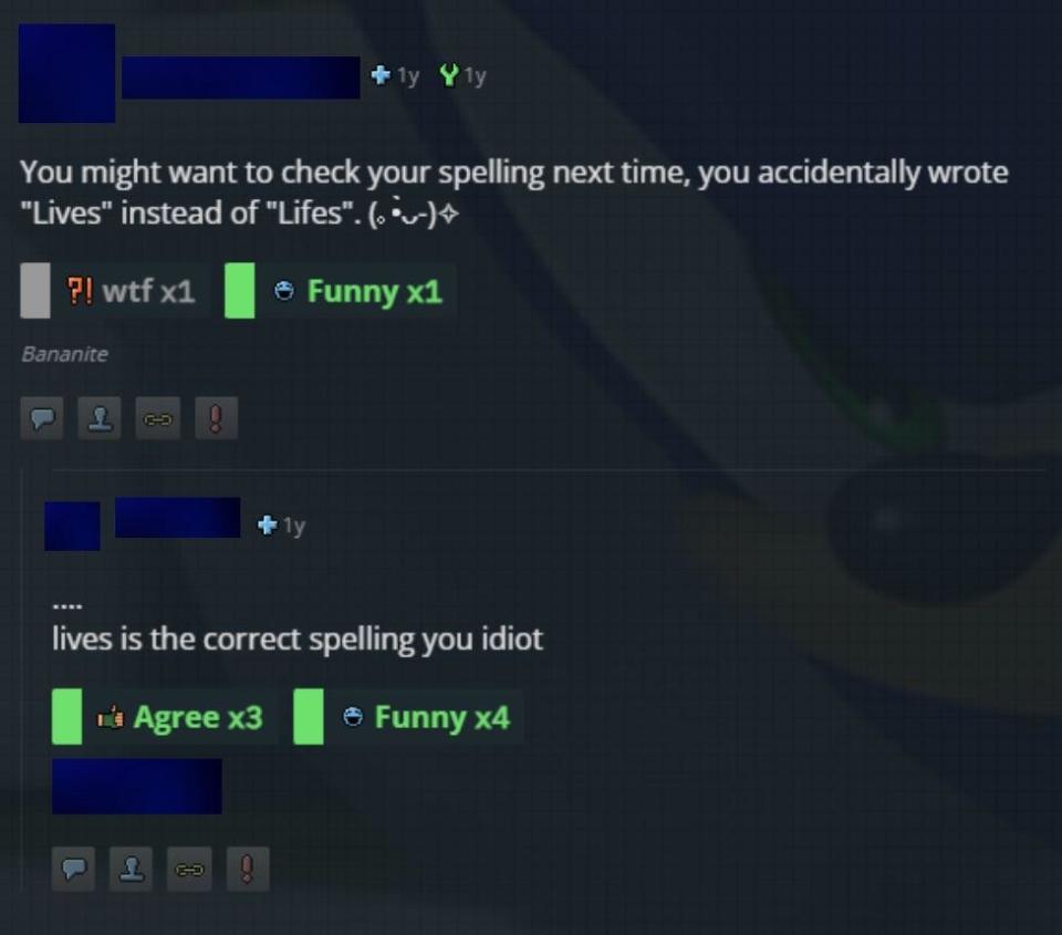 Screenshot of an online conversation correcting a typo in "Lifes," with mixed reaction emojis like 'Funny' and 'Agree.'