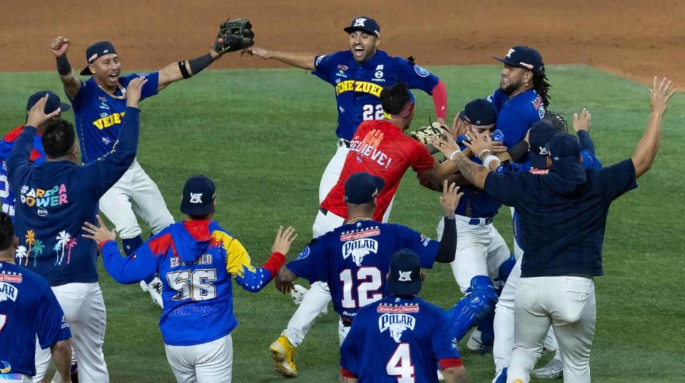 Venezuela players celebrate after defeating Dominican Republic to win the Caribbean Series baseball tournament at loanDepot park on Friday, Feb. 9, 2024, in Miami, Fla.