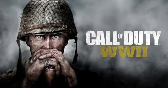 Game art for Activision's Call of Duty World War 2 video game depicting a soldier peering at the camera.