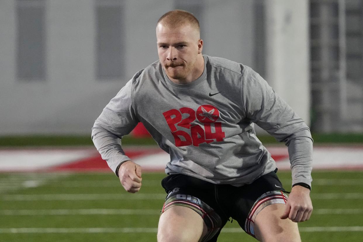 Mar 20, 2024; Columbus, Ohio, USA; Ohio State Buckeyes linebacker Tommy Eichenberg works out for NFL scouts during Pro Day at the Woody Hayes Athletic Center.