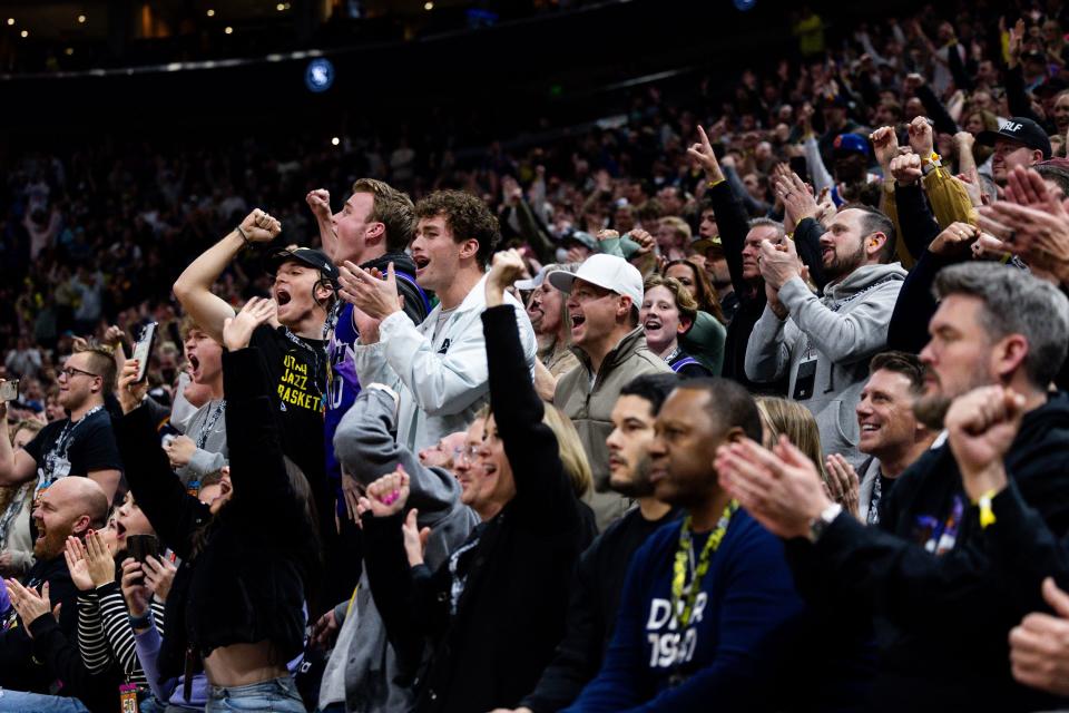 Utah Jazz fans cheer during a close fourth quarter in the NBA basketball game between the Utah Jazz and the Golden State Warriors at the Delta Center in Salt Lake City on Thursday, Feb. 15, 2024. | Megan Nielsen, Deseret News