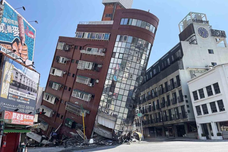 <p>Hualien County Fire Department/Anadolu via Getty Images</p> Building in Taiwan after April 3 earthquake 