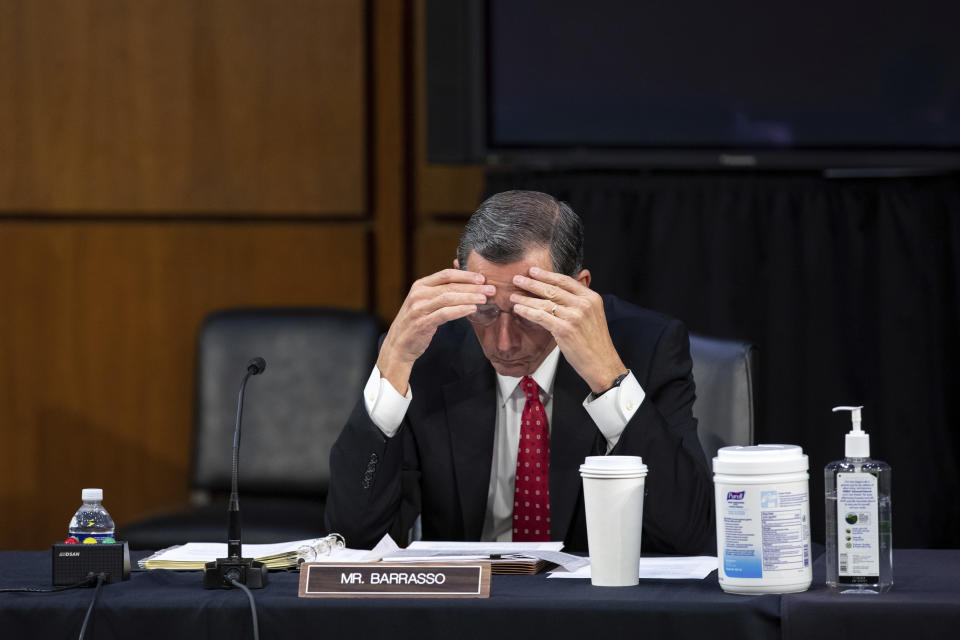 Sen. John Barrasso, R-Wyo., attends a Senate Foreign Relations Committee meeting on Capitol Hill in Washington, Wednesday, Aug. 4, 2021. (AP Photo/Amanda Andrade-Rhoades)