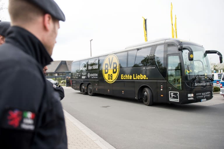 Borussia Dortmund's team bus arrives at the club's training ground near Dortmund, western Germany, on April 12, 2017