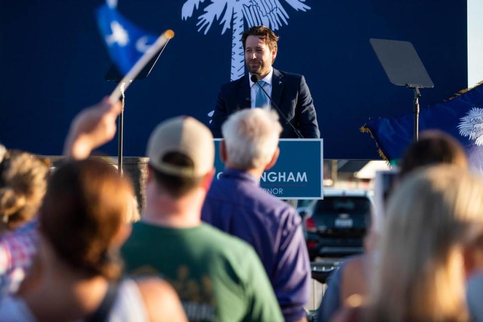 Former Representative Joe Cunningham launches his campaign for South Carolina Governor at Tradesman Brewing in Charleston, South Carolina on Wednesday, April 28, 2021.