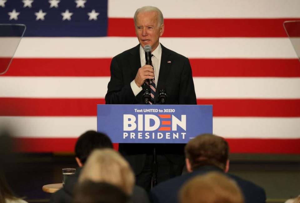 WAUKEE, IOWA - JANUARY 30: Democratic presidential candidate former Vice President Joe Biden speaks during a campaign event at Vince Meyer Learning Center on January 30, 2020 in Waukee, Iowa. With less than a week to go before the 2020 Iowa Presidential caucuses, Joe Biden is campaigning across Iowa. 