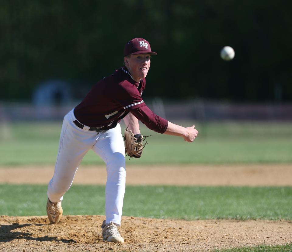 New Paltz's Jack Maiale delivers a pitch against Spackenkill during a May 7, 2024 baseball game.
