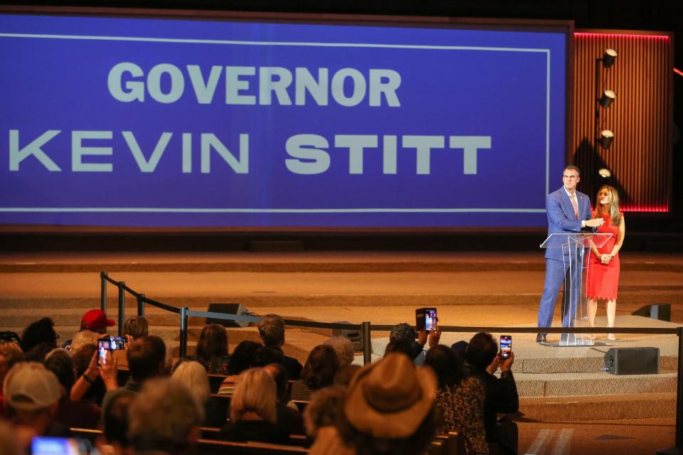 Oklahoma Gov. Kevin Stitt speaks Tuesday, Nov. 1, 2022, at a rally in support of his reelection, alongside his wife, Sarah Stitt, at Crossroads Church in Oklahoma City.