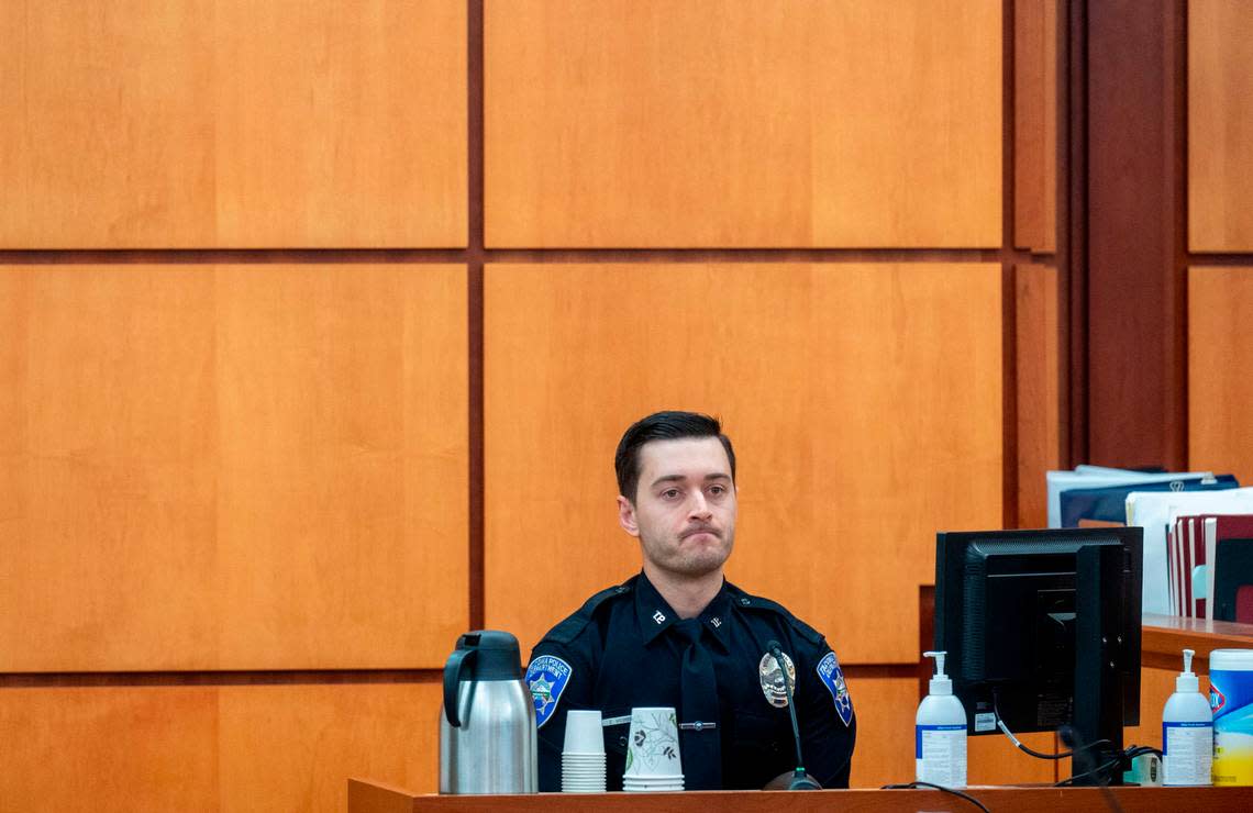 Tacoma Police Department officer Zachary Hobbs testifies about comments made on his body cam that was played in court on Monday, Dec. 5, 2022, in Pierce County District Court in Tacoma.