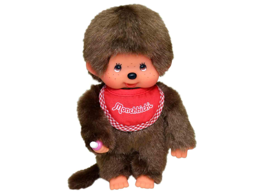 Vintage Monchhichi toy with bib sitting