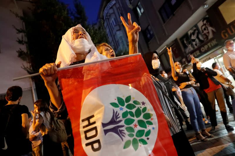 FILE PHOTO: Pro-Kurdish HDP supporters shout slogans during a protest in Istanbul