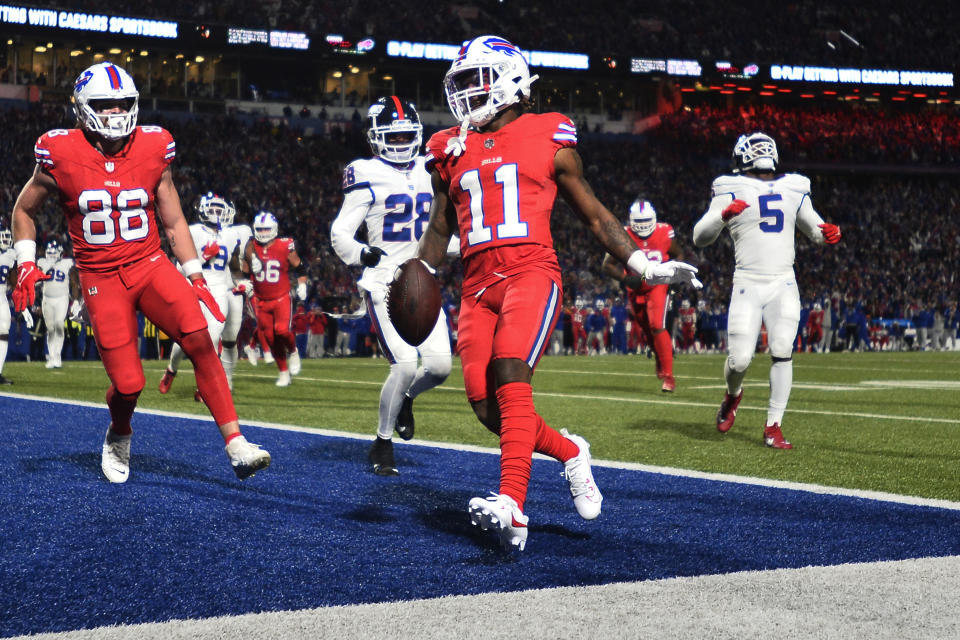 Buffalo Bills wide receiver Deonte Harty (11) crosses the goal line for a touchdown during the second half of an NFL football game against the New York Giants in Orchard Park, N.Y., Sunday, Oct. 15, 2023. (AP Photo/Adrian Kraus)
