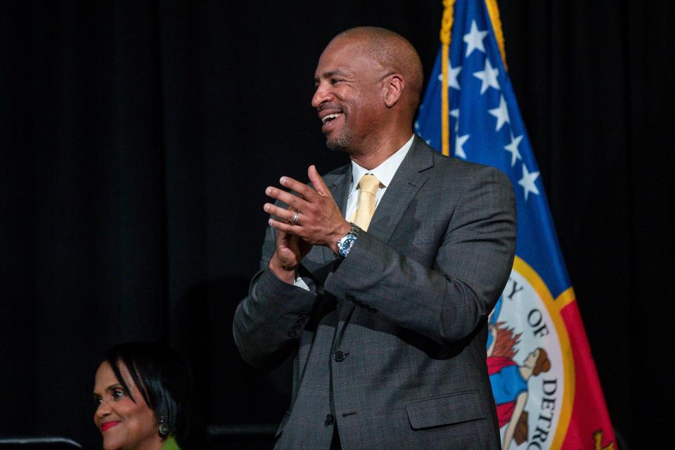 Detroit City Councilman Scott Benson applauds as Mayor Mike Duggan speaks during the State of the City address at Dexter Avenue Baptist Church in Detroit on Wednesday, April 17, 2024.