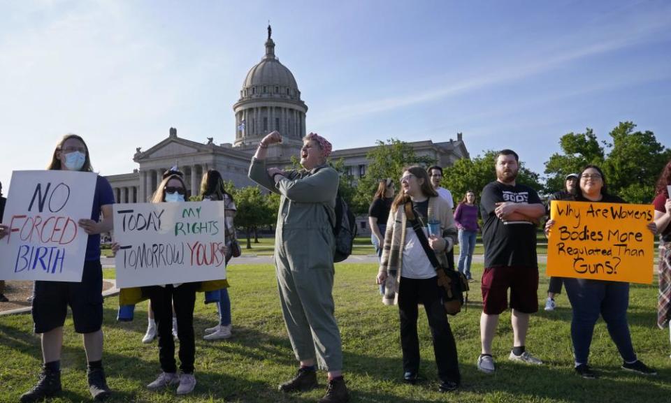 Pro-choice demonstrators rally at the state capitol in Oklahoma City.