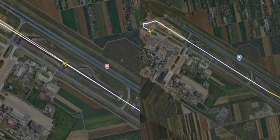 Left: Flight JU324 on Sunday began its take-off roll midway down the runway. Right: An earlier iteration of the same flight shows the aircraft using the full runway length.