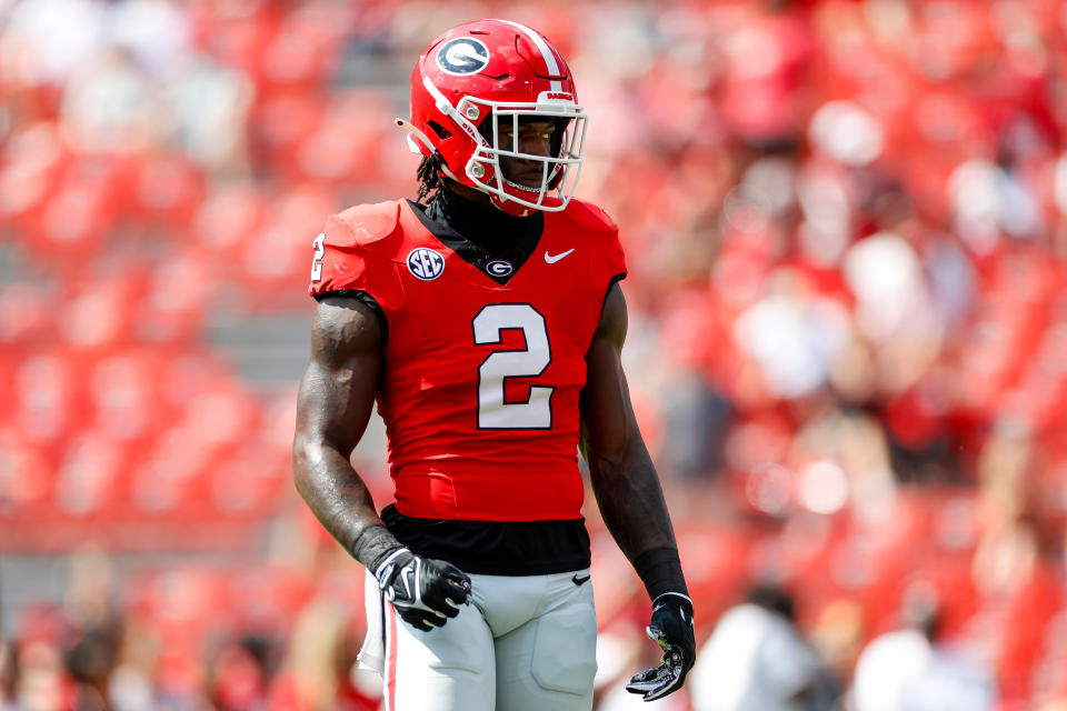 ATHENS, GEORGIA - SEPTEMBER 9: Smael Mondon Jr. #2 of the Georgia Bulldogs warms up prior to the game against the Ball State Cardinals at Sanford Stadium on September 9, 2023 in Athens, Georgia. (Photo by Brandon Sloter/Image Of Sport/Getty Images)