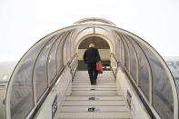 Britain's Prime Minister Boris Johnson boards his plane at London's Heathrow Airport as he heads off for the annual United Nations General Assembly in New York, Sunday Sept. 22, 2019. (Stefan Rousseau/PA via AP)