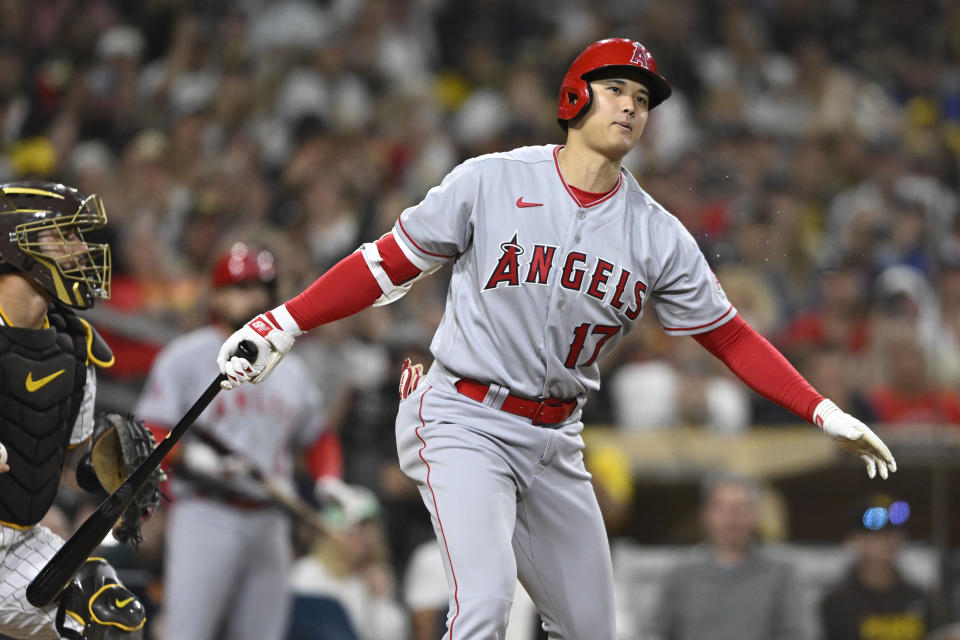 Los Angeles Angels' Shohei Ohtani (17) strikes out during the sixth inning of a baseball game against the San Diego Padres Monday, July 3, 2023, in San Diego. (AP Photo/Denis Poroy)