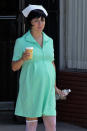 Maya Rudolph shows off a huge baby bump in green scrubs on the set of 'Inherent Vice' in Los Angeles, CA.