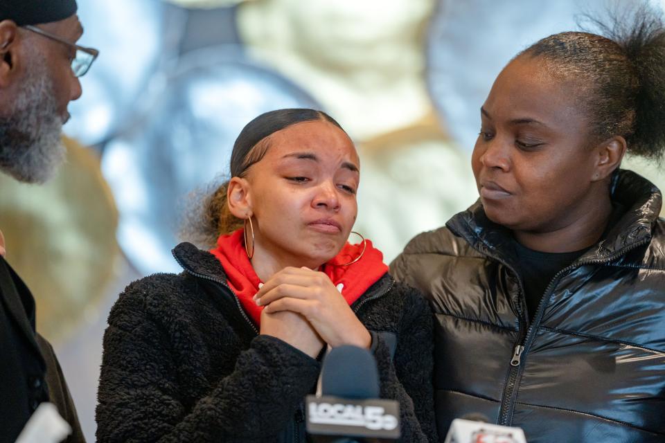 Jamiah Shields, the expectant mother of Rashad Carr’s child, speaks in his memory during a press conference held by Rashad Carr and Gionni Dameron's family, Wednesday, Jan. 25, 2023.