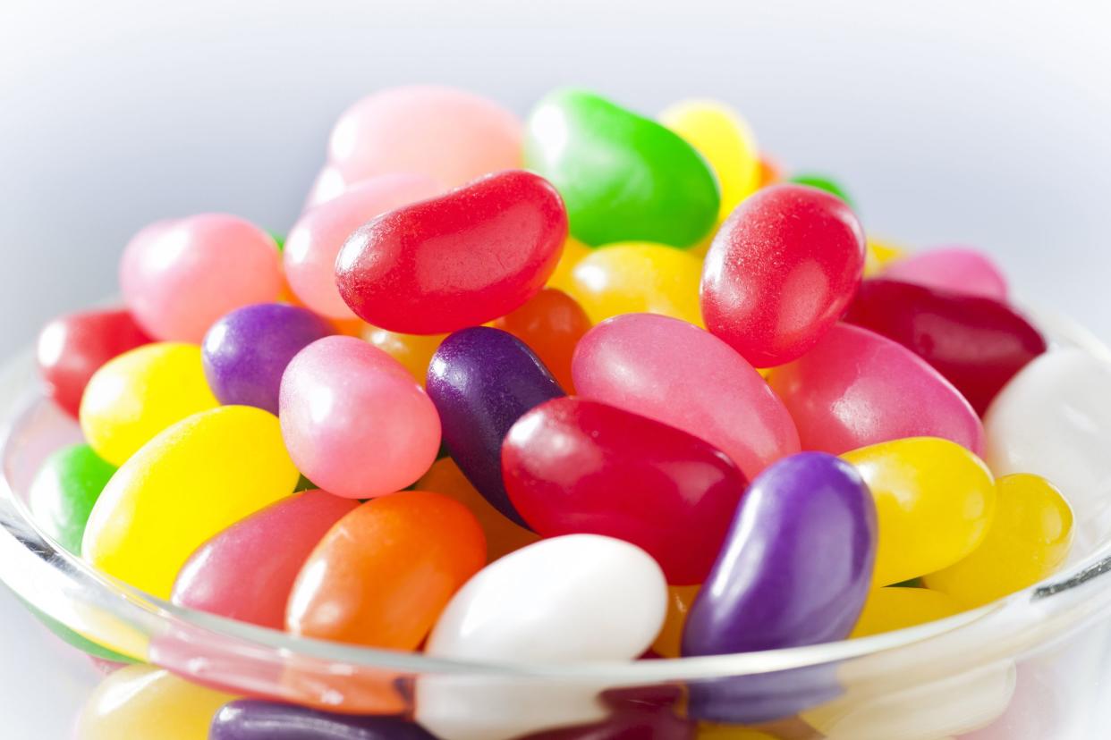 Closeup of jelly beans in a glass jar