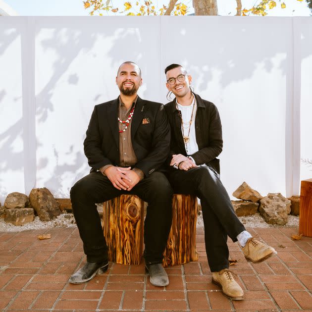 Vincent Medina (left) and Louis Trevino pose for a photo at Cafe Ohlone in Berkeley, California.