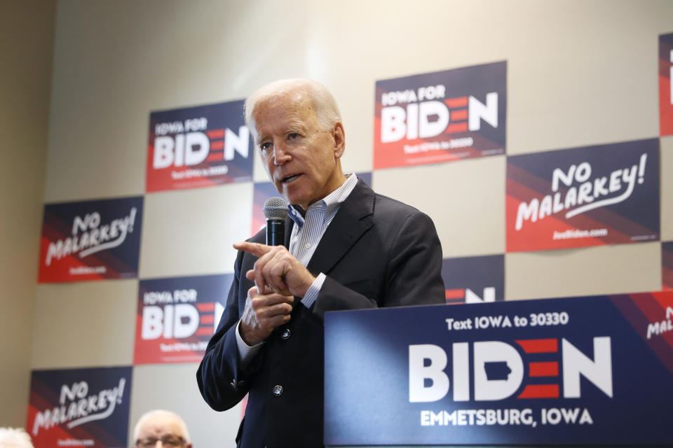 Democratic presidential candidate former Vice President Joe Biden speaks during a meeting with local residents, Monday, Dec. 2, 2019, in Emmetsburg, Iowa. (AP Photo/Charlie Neibergall)