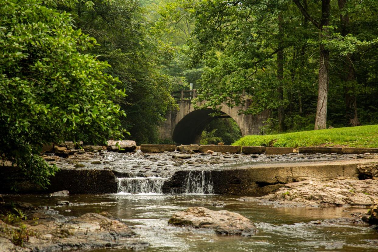 Water flows along Gulpha Creek at Hot Springs National Park.