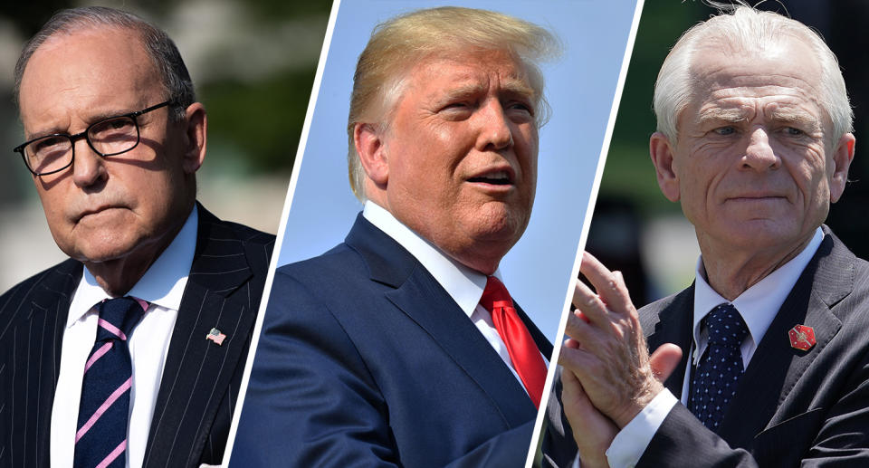 White House economic adviser Larry Kudlow. (Photo: Saul Loeb/AFP/Getty Images); President Trump. (Photo: Nicholas Kamm/AFP/Getty Images); Peter Navarro, White House trade and manufacturing policy director. (Photo: Chip Somodevilla/Getty Images)