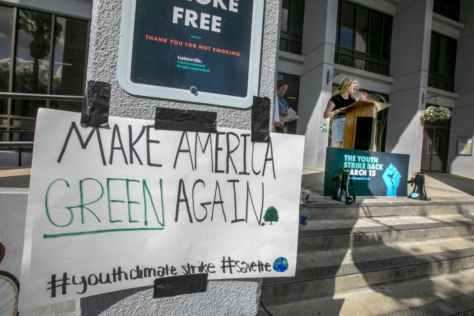 A climate change protest is held in front of Gainesville City Hall in 2019.