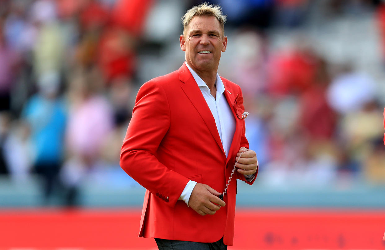 Pundit Shane Warne wears red in aid of the Ruth Strauss Foundation during day two of the Ashes Test match at Lord's, London.