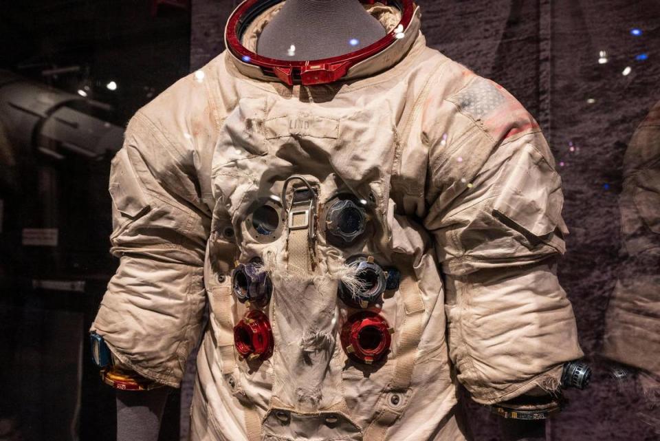 The Apollo A7L spacesuit, made from 21 different materials in 24 layers, weighs nearly 200 pounds. The suit that allowed astronauts to work untethered on the moon for up to six hours is on display in the Discovery Place Science exhibit “Apollo: When We Went to the Moon.”