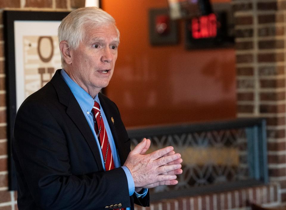 U.S. Senate candidate Mo Brooks speaks during a town hall at O’Charley’s restaurant in Prattville, Ala., on Thursday, March 24, 2022.