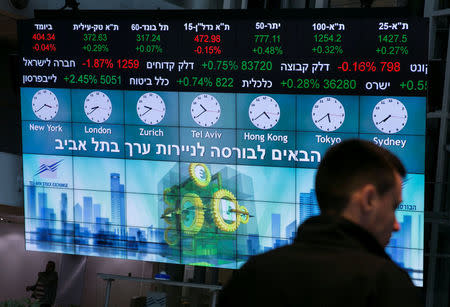 FILE PHOTO: A man stands in front of an electronic board displaying market data at the Tel Aviv Stock Exchange, in Tel Aviv, Israel January 29, 2017. REUTERS/Baz Ratner/File Photo