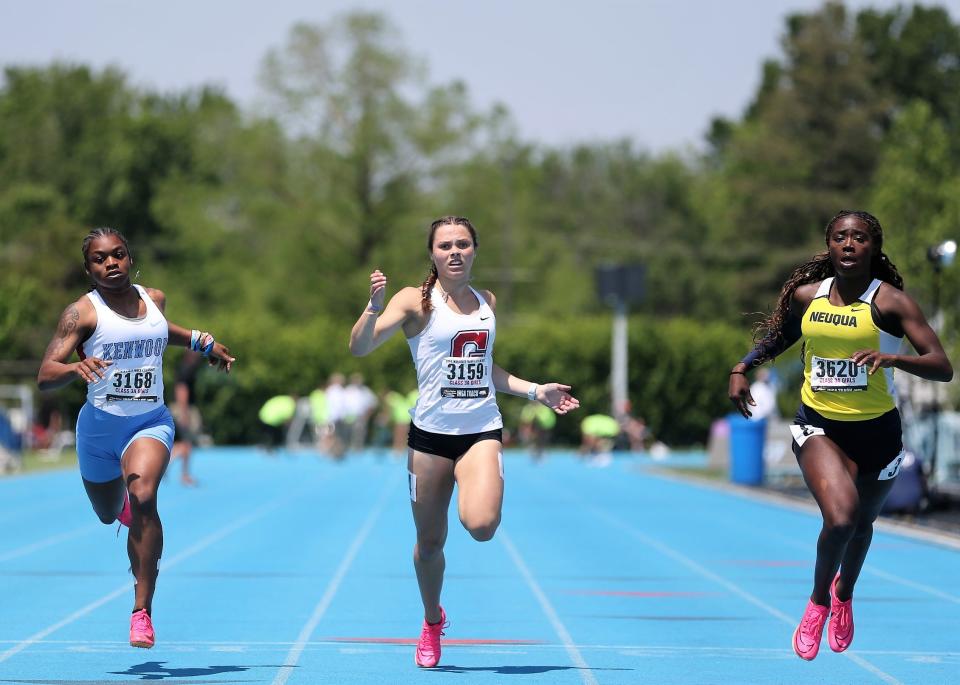 Chatham Glenwood's Katelyn Lehnen, middle, earns fifth in the 100-meter dash during the girls track and field state meet at O'Brien Field on Saturday, May 20, 2023.