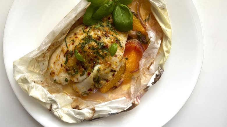 orange basil tilapia fish baked in parchment papillote