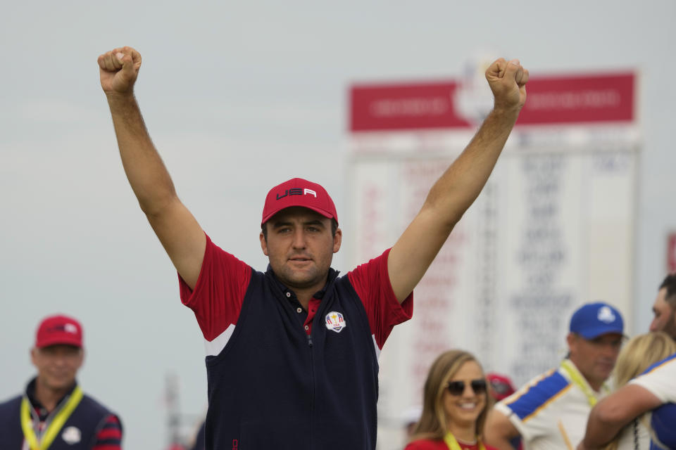 Team USA's Scottie Scheffler reacts on the 15th hole during a Ryder Cup singles match at the Whistling Straits Golf Course Sunday, Sept. 26, 2021, in Sheboygan, Wis. (AP Photo/Charlie Neibergall)