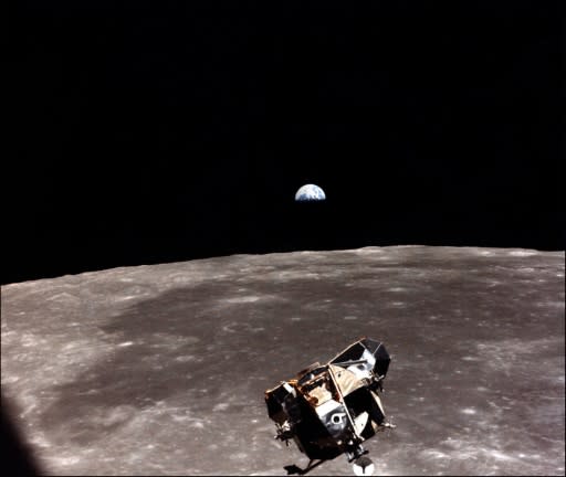 A photo showing the Lunar Module (LM) of the Apollo 11 space mission in lunar orbit on July 21, 1969