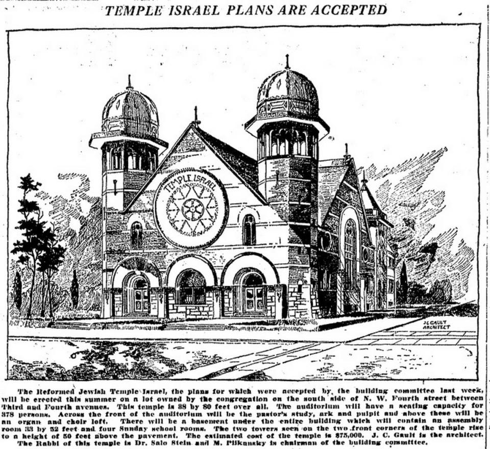 El recién fundado Temple Israel, que celebra su centenario en 2022, fue promocionado en una foto publicada en el Miami Herald el 9 de mayo de 1923 cuando se detallaron los planes de construcción. ¿El costo de la construcción hace casi un siglo? $75,000.