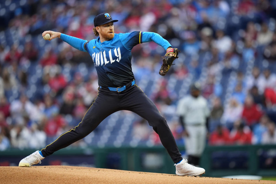 Philadelphia Phillies' Spencer Turnbull pitches during the first inning of a baseball game against the Chicago White Sox, Friday, April 19, 2024, in Philadelphia. (AP Photo/Matt Slocum)