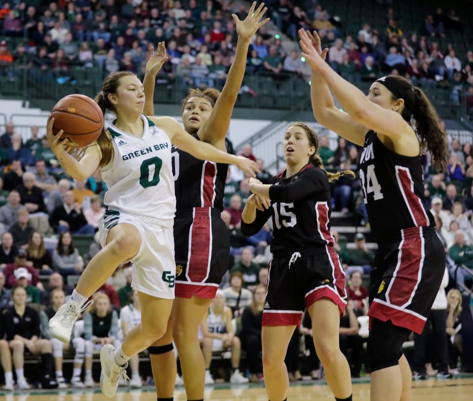 Green Bay Phoenix guard Hailey Oskey (0) passes against the IUPUI Jaguars in a Horizon League women's basketball game at the Kress Center on Saturday, January 26, 2019 in Green Bay, Wis.