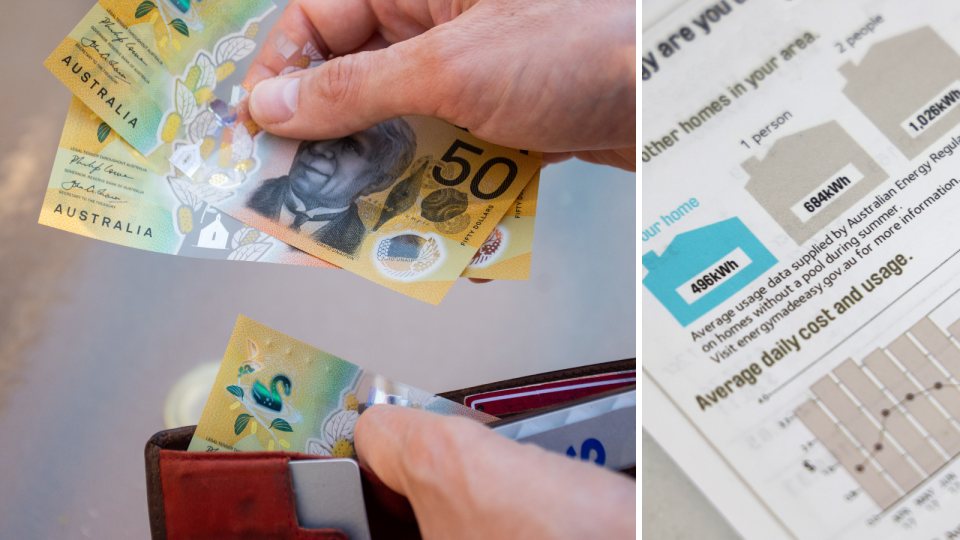 Composite image of Australian money and energy bill. 