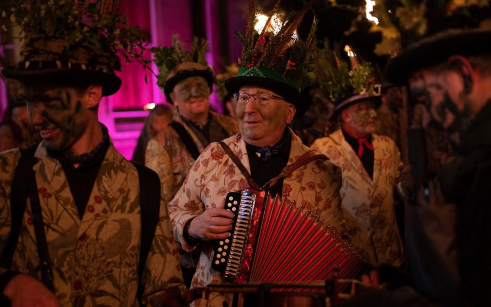 Members of the Leominster Morris at a Twelfth Night wassailing ceremony in Eardisland