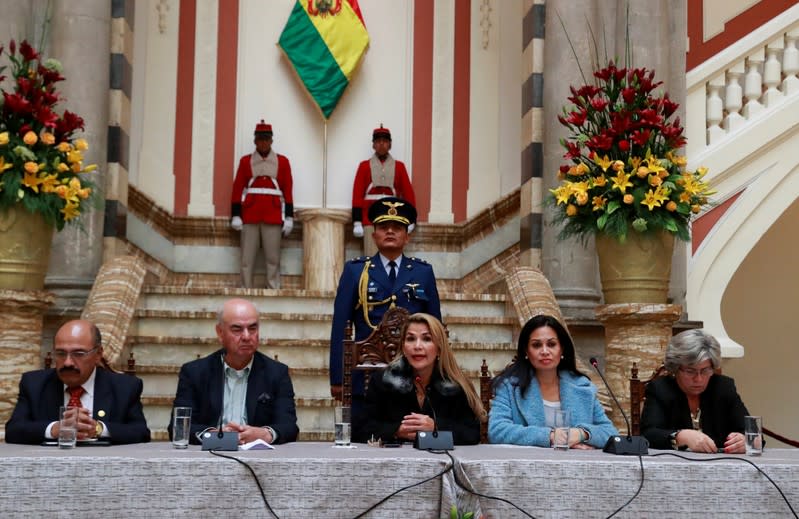 Bolivia's interim President Jeanine Anez speaks to the media at the presidential palace in La Paz