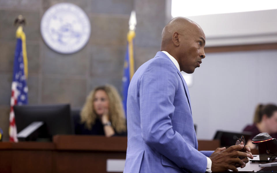 Carl Arnold, attorney for Duane "Keffe D" Davis, who is accused of orchestrating the 1996 slaying of hip-hop icon Tupac Shakur, speaks in court at the Regional Justice Center in Las Vegas, Tuesday, June 25, 2024. (K.M. Cannon/Las Vegas Review-Journal via AP, Pool)