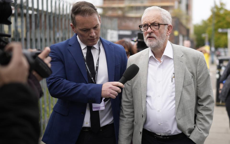 Jeremy Corbyn MP arrives at a World Transformed Event on October 8, 2023 in Liverpool, England