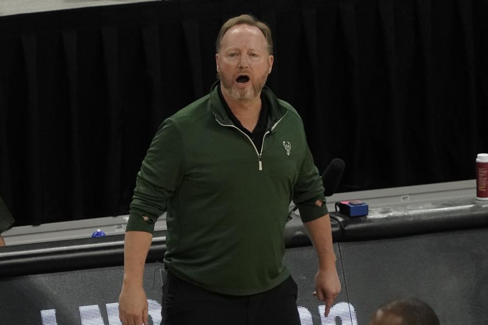 Milwaukee Bucks head coach Mike Budenholzer reacts during the first half of Game 1 of their NBA basketball first-round playoff series against the Miami Heat Saturday, May 22, 2021, in Milwaukee. (AP Photo/Morry Gash)