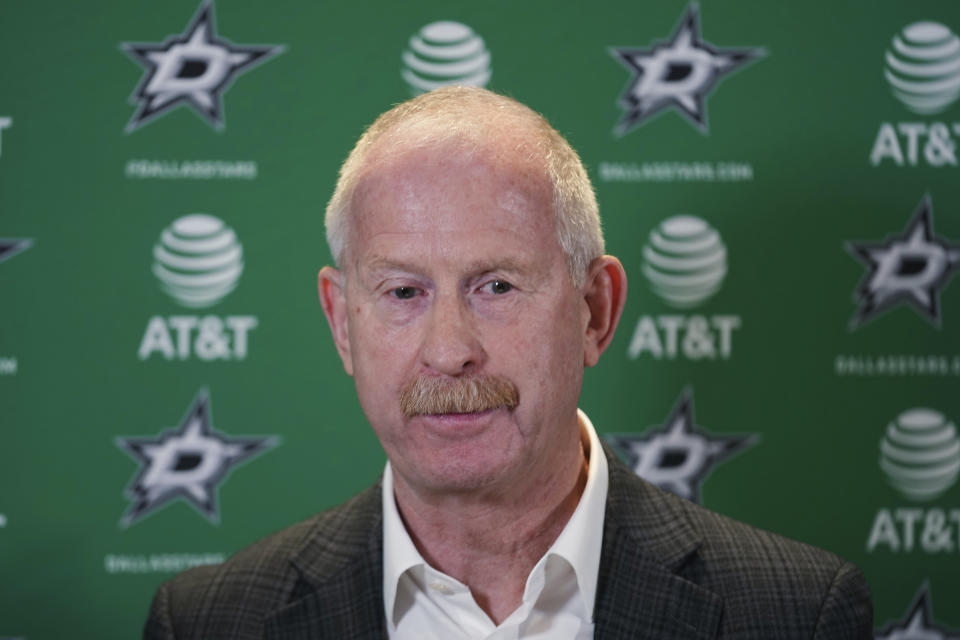 FILE - Dallas Stars general manager Jim Nill speaks to reporters during a news conference at the NHL hockey team's practice facility in Frisco, Texas, June 8, 2023. Ken Holland and Nill were teammates in junior hockey nearly a half-century ago with big aspirations as players. Their names are together on the Stanley Cup four times, not as players but rather for their front-office roles with the Red Wings during Detroit's run of championships from 1997-2008. Now they are general managers of opposing teams in the Western Conference finals, old friends both hoping to get to another Stanley Cup. (AP Photo/LM Otero, File)