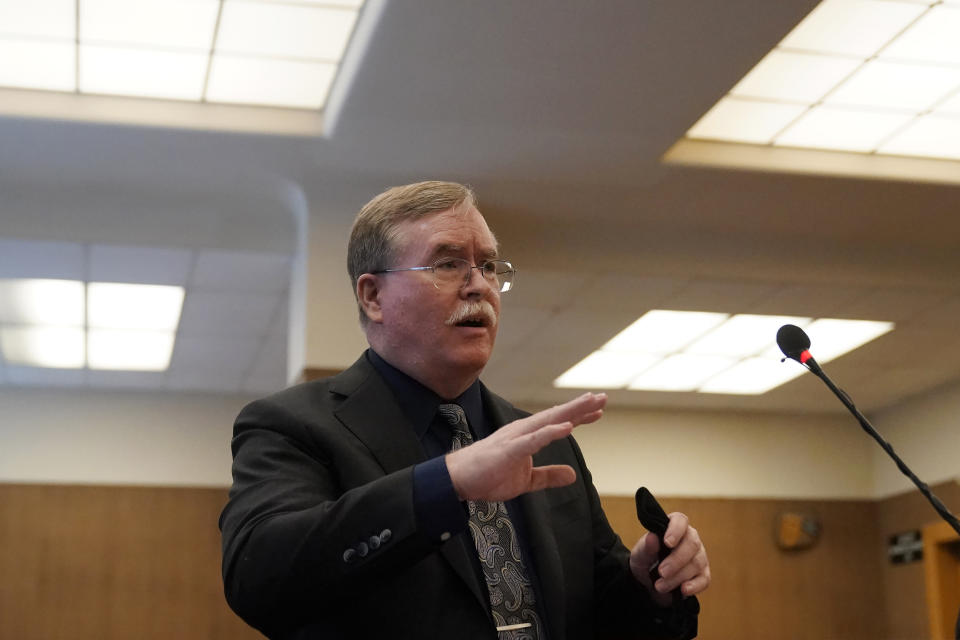 David Harris, of the Stanislaus County District Attorney's office, speaks during a hearing at the San Mateo County Superior Court in Redwood City, Calif., Thursday, Aug. 11, 2022. Scott Peterson is in court for a hearing to determine whether he gets a new trial in the murder of his pregnant wife because of juror misconduct. (AP Photo/Jeff Chiu, Pool)