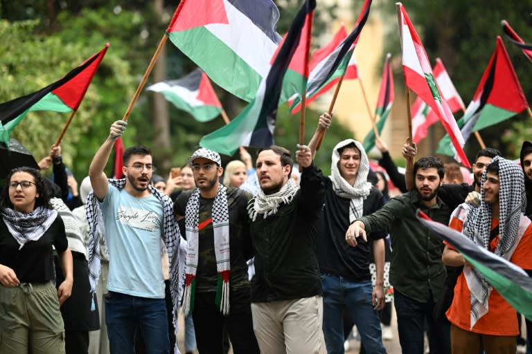 Students held a pro-Palestinian demonstration at the American University of Beirut in the Lebanese capital, amid similar events in the United States (JOSEPH EID)